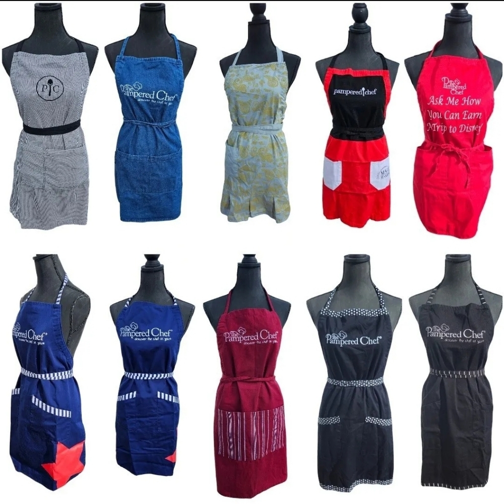 Pampered Chef Apron Lot Of 10 Denim Stripes Paisley Red Blue Black Consultant